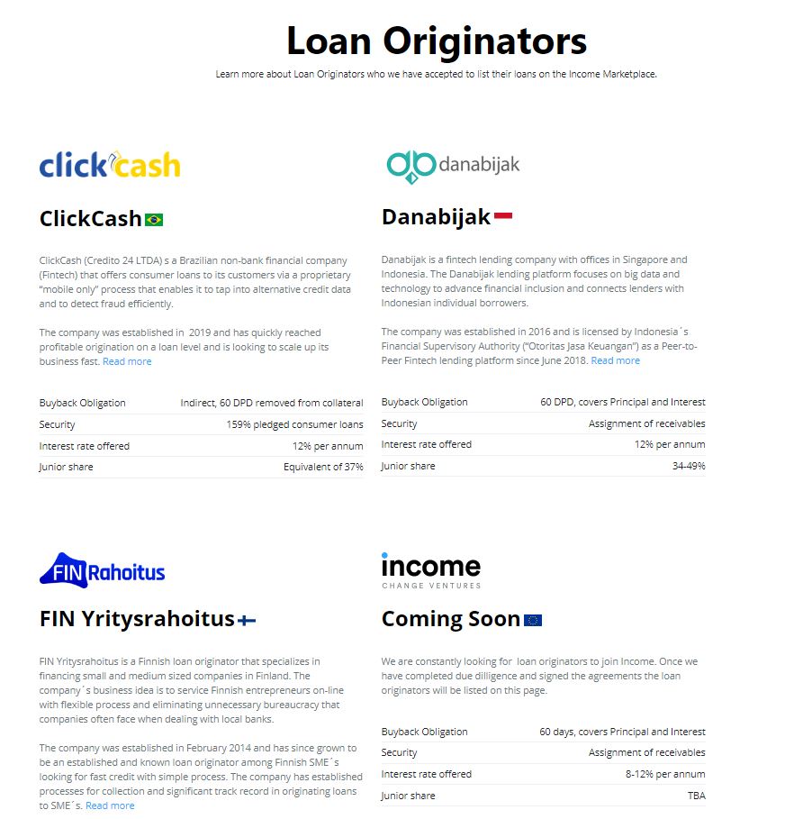 Loan Originators of Income Marketplace